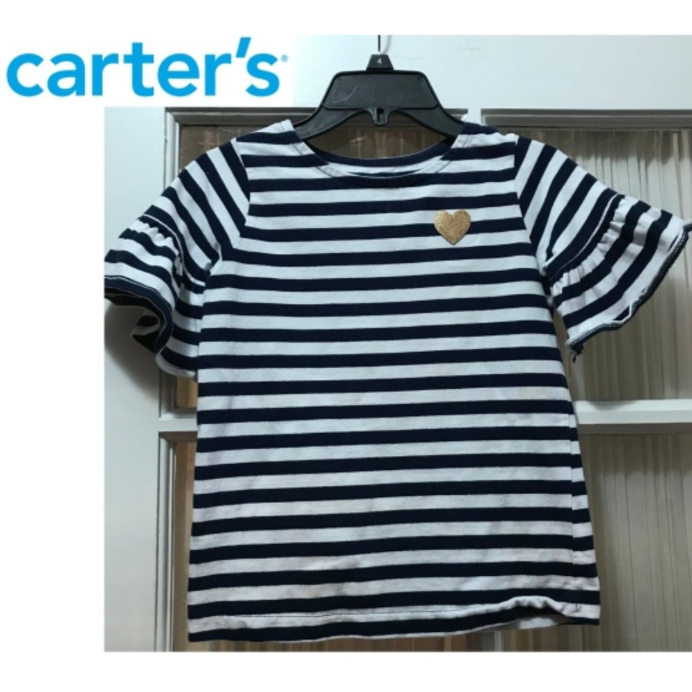 Carter's striped short-sleeve top with gold glitter heart; girls' size 8